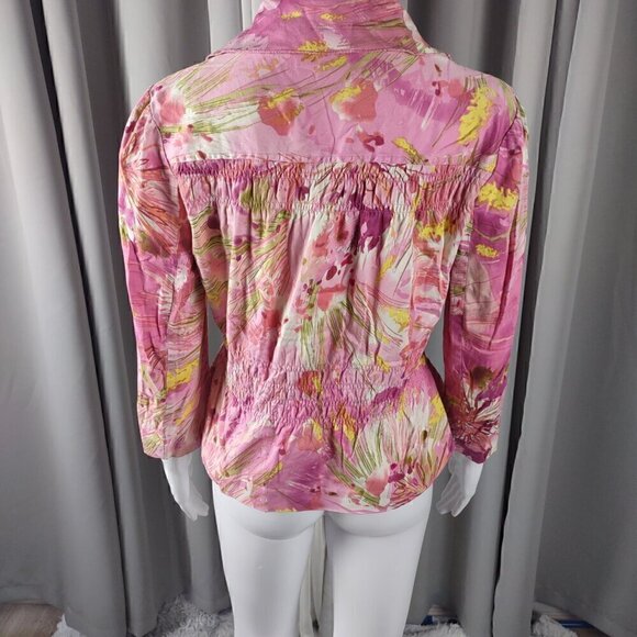 Sunny Leigh Women's Pink, White, Smocked Long Sleeve Cotton Blend Blazer Size 10 - Picture 4 of 12